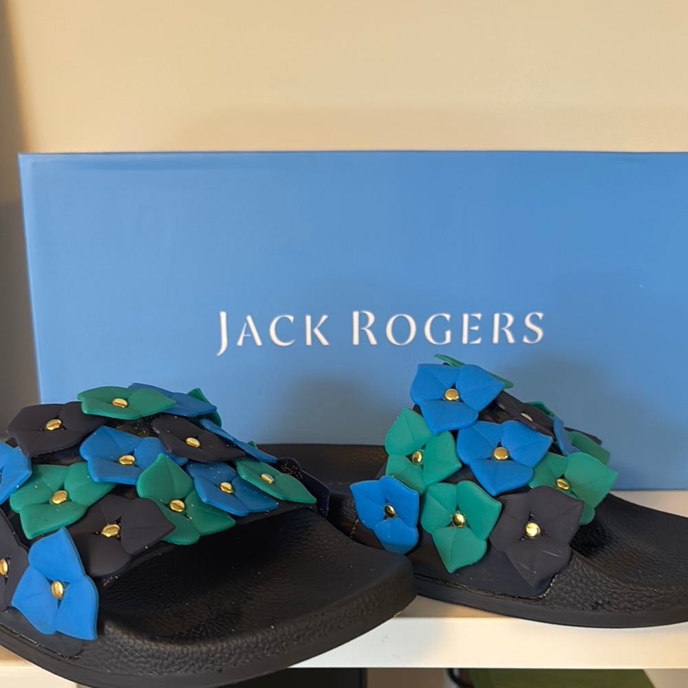 Jack Rogers Black Slides with Blue and Green Floral Design